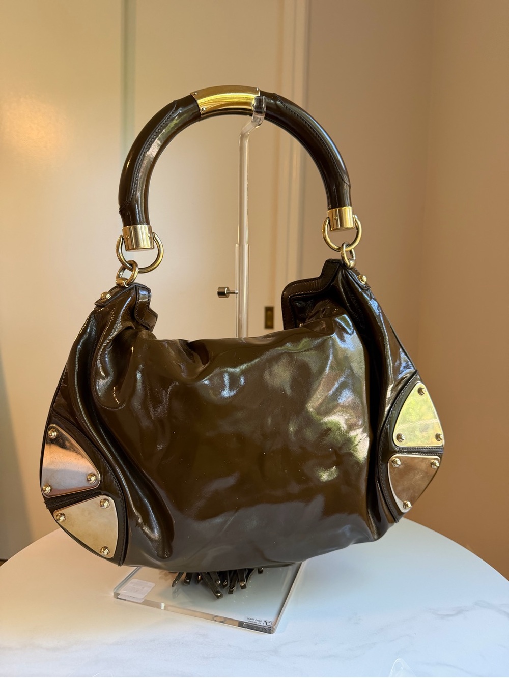 Gucci Indy Medium Brown Patent Leather Bamboo Hobo Bag - Picture 3 of 12